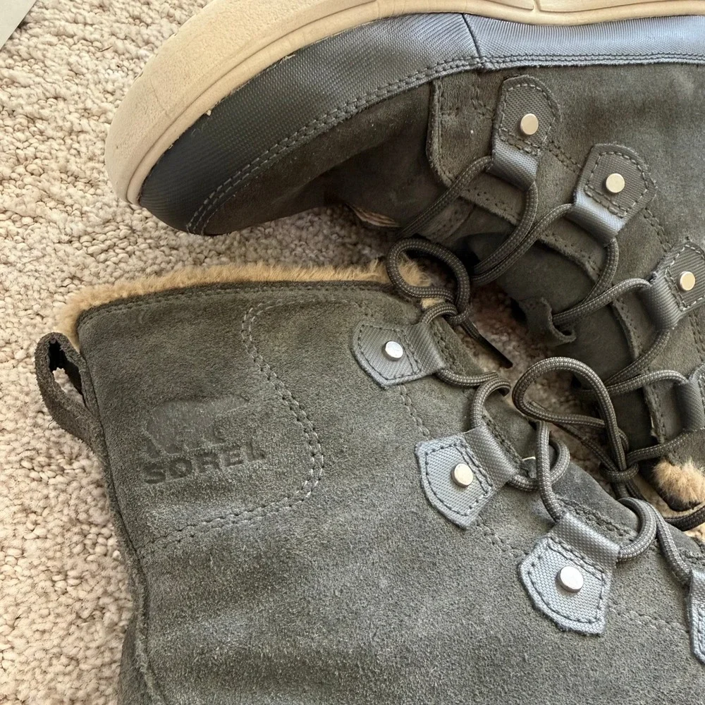 Sorel EXPLORER II JOAN WATERPROOF BOOTS Faux Fur WOMEN 10 GRILL FAWN LEATHER‎